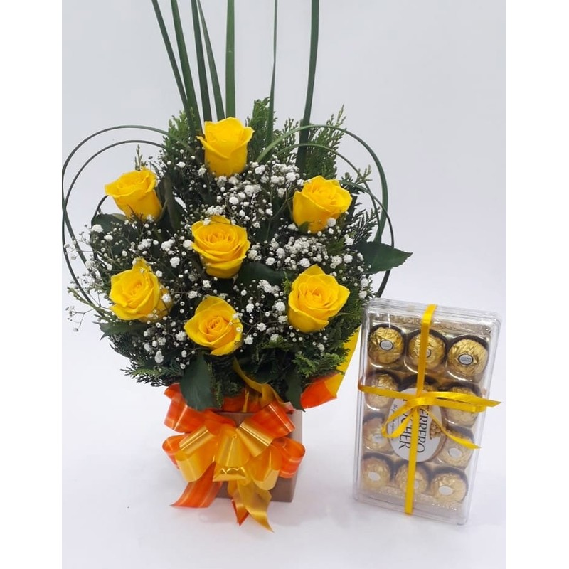 Caxepot 7 Rosas Amarelas com Ferrero Rocher