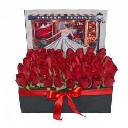 Caixa Baú com 50 Rosas Vermelhas